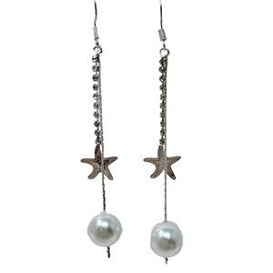 Faux Pearl and Starfish Charm Silver Rhinestone Drop Dangle Earrings NEW